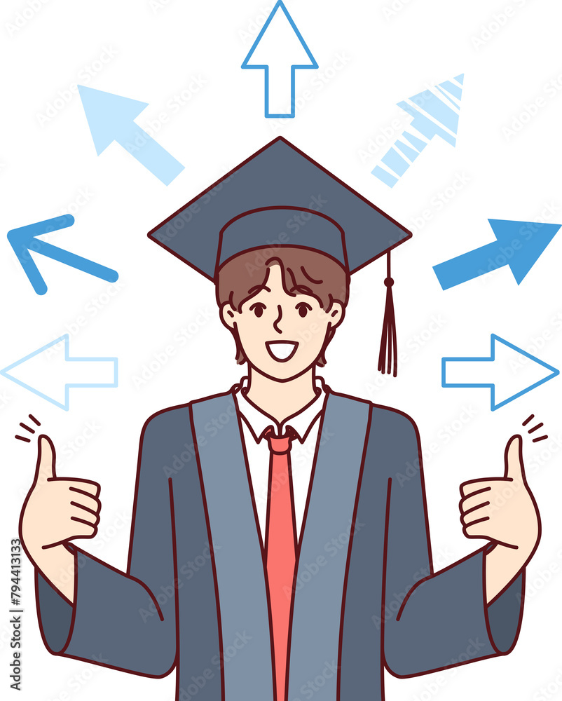Man, university graduate received good education, shows fingers up, standing among arrows. Concept of having multiple development options for college graduate dressed in academic cap and gown Man, university graduate received good education, shows fingers up, standing among arrows. Concept of having multiple development options for college graduate dressed in academic cap and gown