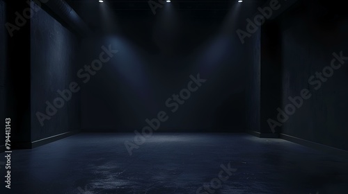 Dark scene with spotlights and concrete floor. 3D rendering.