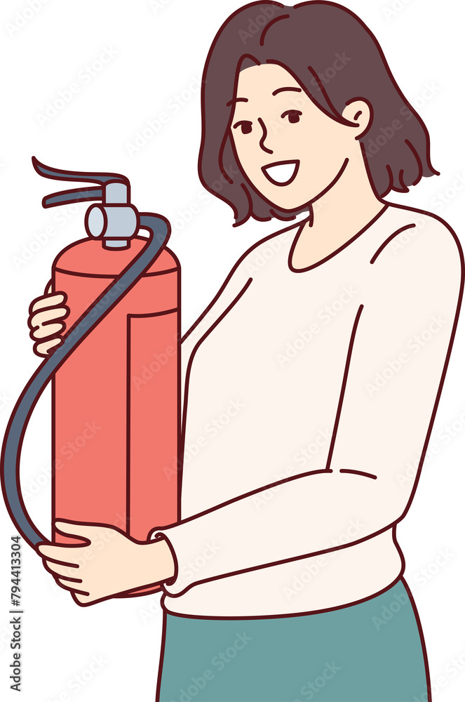 Woman with fire extinguisher smiles, checking expiration date of firefighting