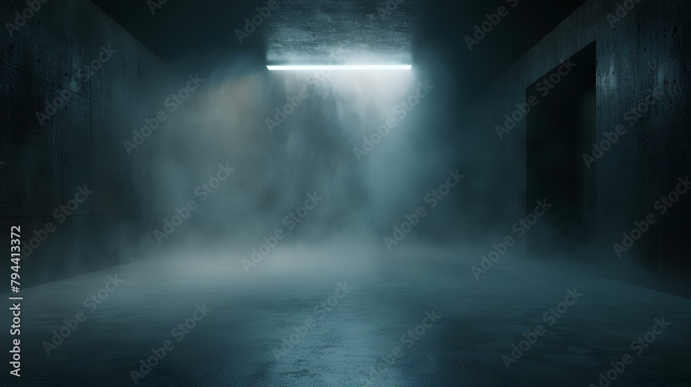 Dark empty room with concrete floor and neon light. 3D rendering