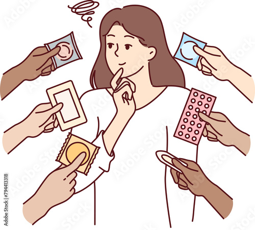 Woman chooses method of contraception from birth control pills and condoms for safe sex. Thoughtful girl cares about health consciously approaches choice of contraception to avoid unplanned pregnancy © drawlab19