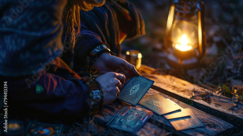 In the dim light of a flickering lantern a witchy wrangler adjusts the tarot cards tered on the ground before them seeking guidance from the mystical symbols. .