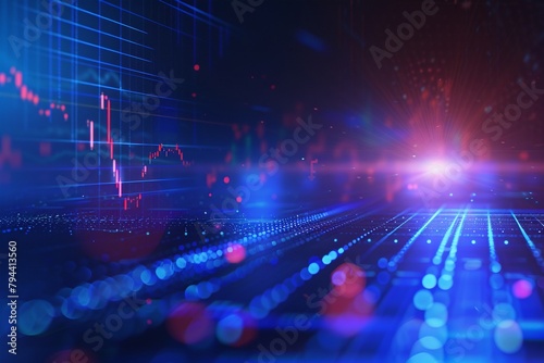 advanced 3D stock market chart hologram, deep blue color theme with digital grid lines, glowing financial data and graphs