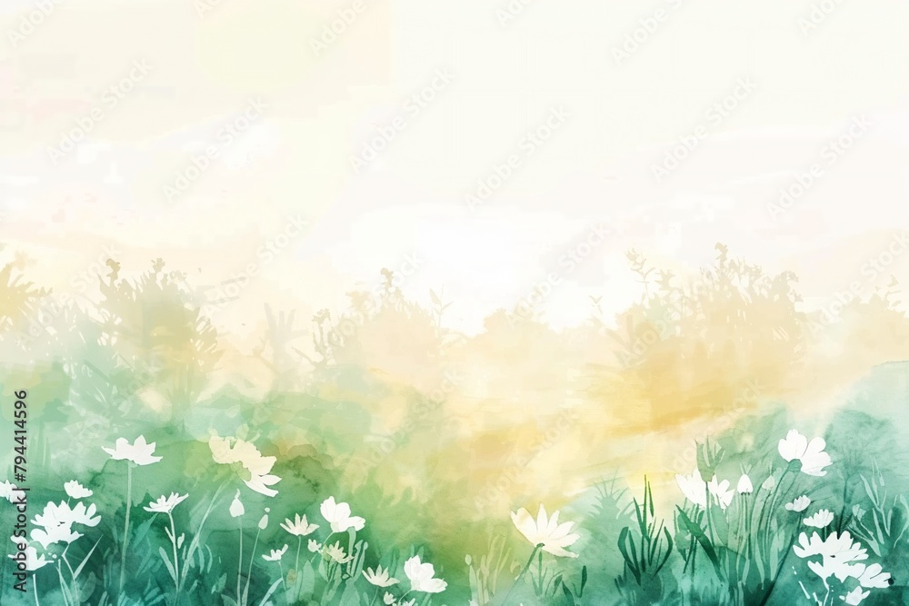 an ethereal and soft watercolor landscape with gentle white flowers and a green to pastel yellow