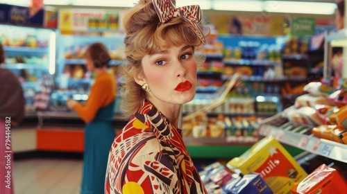 A woman styled in retro fashion poses in a supermarket aisle, adding a unique vintage flair to a modern environment