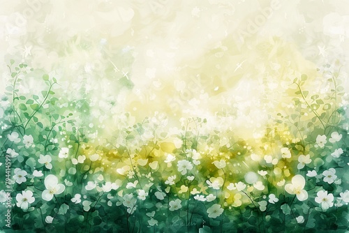 an ethereal and soft watercolor landscape with gentle white flowers and a green to pastel yellow