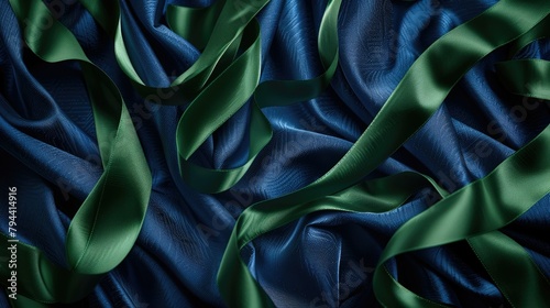 A striking dark blue fabric adorned with glossy green holographic ribbons offering ample space for your custom message Perfect for creating banners cards invitations or heartfelt congratula