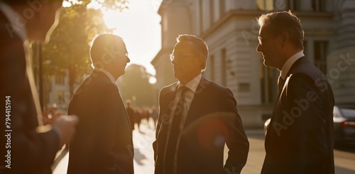 Businessmen silhouettes talking and laughing in warm backlight on street, investors, estate photo
