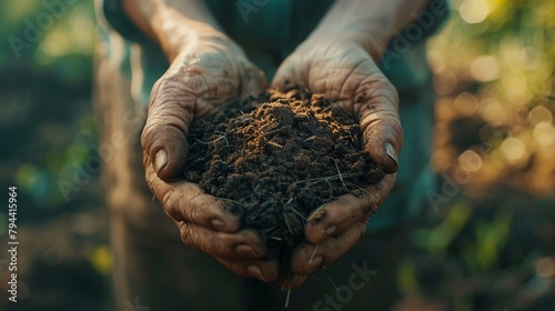 Close-up of worn hands cradling rich, dark soil with a blurred green background,