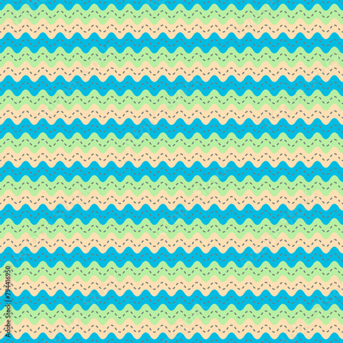 Blue, green and yellow ric rac vector repeat pattern. Waves and stitches seamless illustration background photo