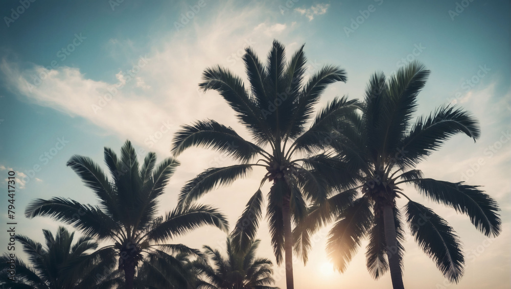 Tropical Palm Tree Silhouetted Against Sunlit Sky Background, Vintage Filter Applied.