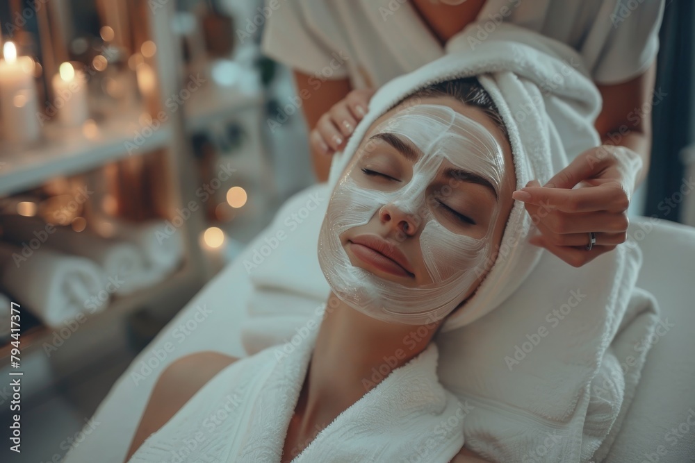 Young woman with skin care mask applied to her face. spa and wellness, face mask in a beauty salon, Facial Treatment for Hydrated person receiving a hydrating facial treatment, with focus skin care Young woman with skin care mask applied to her face. spa and wellness, face mask in a beauty salon, Facial Treatment for Hydrated person receiving a hydrating facial treatment, with focus skin care