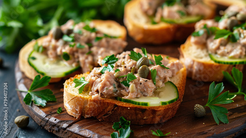 Open sandwiches with pate fresh cucumber capers