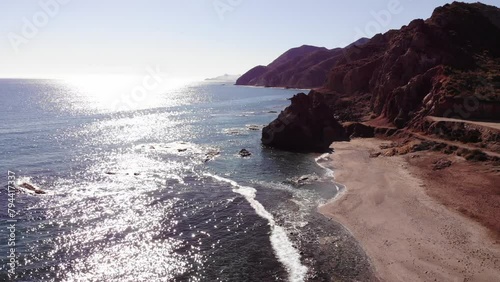 Aerial view of spanish coast, Sombrerico Beach, Mojacar in Almeria Spain. Traveling and enjoying the Mediterranean sea.