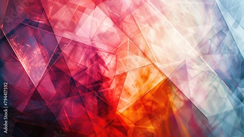 Abstract image of overlapping geometric shapes in red, blue, and orange hues with light effects