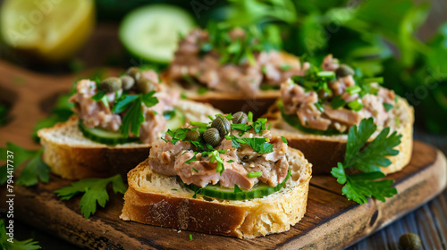Open sandwiches with pate fresh cucumber capers