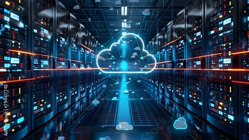 The Infrastructure of Cloud Computing: Servers and Data Centers Connected by Fiber Optics. Concept Cloud Computing, Infrastructure, Servers, Data Centers, Fiber Optics