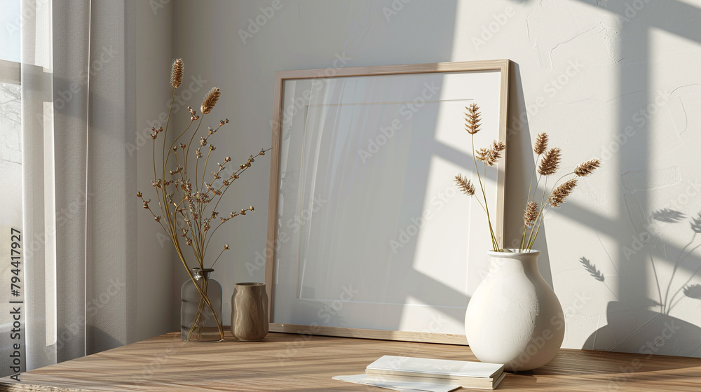 Amidst a modern setting, a white empty frame graces a wooden table, while a white ceramic vase brimming with dried spikelets adds a touch of natural charm, creating a visually captivating scene.