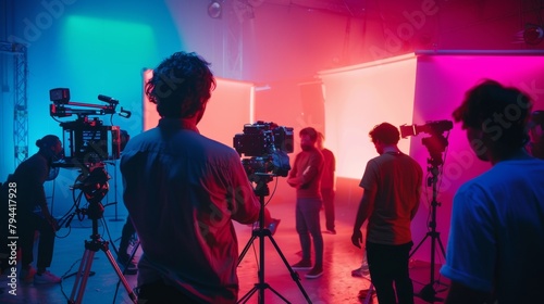 An upclose shot of a director surrounded by an array of colorful lighting gels as they give instructions to a group of actors. The set is alive with motion as the cameras roll and .