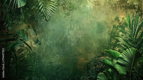 Dark green tropical foliage over grungy wall background