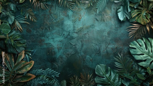 Verdant tropical leaves frame textured, shadowy blue background with faint animal sketches © Artyom