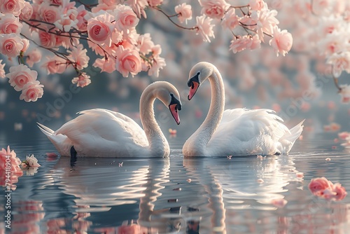 two swans in the lake with rose flowers swans