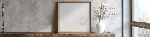 A white empty framed artwork adorns a modern living space against a backdrop of sleek design, with a wooden table featuring a wwith dried spikelets, creating a harmonious blend of style and nature. photo