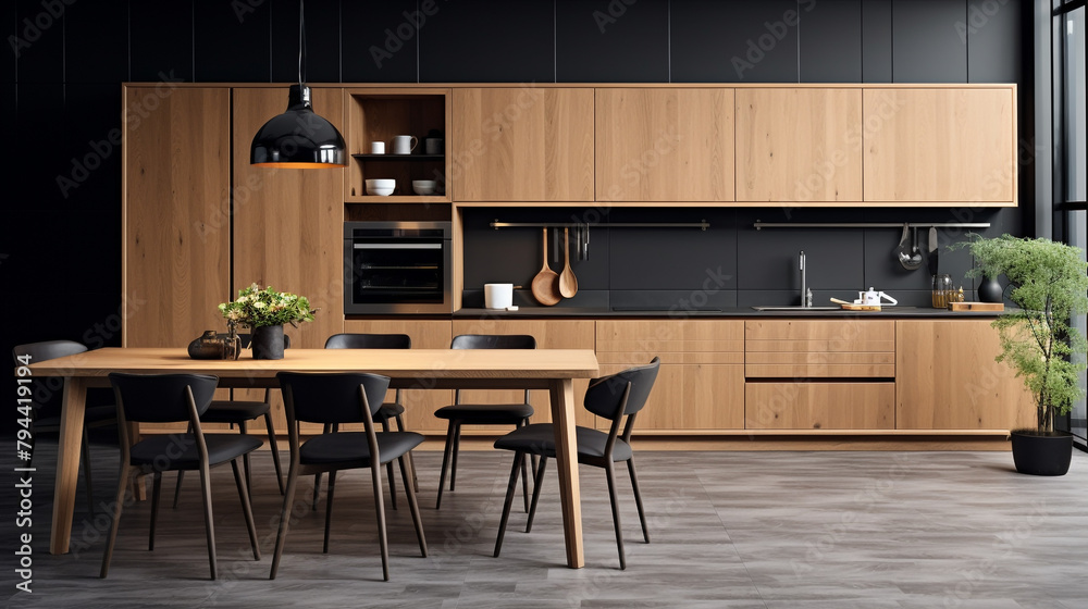 A well-lit kitchen space adorned with sleek wooden furniture against a backdrop of a dark classic wall.