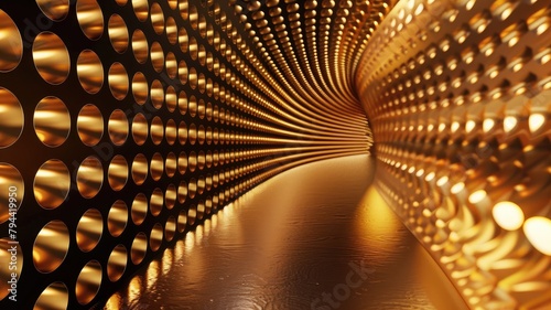 Golden metallic tunnel with circular pattern diminishing into distance photo