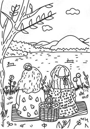 Little girl and boy sitting on the bank of the river. Children's Coloring page.