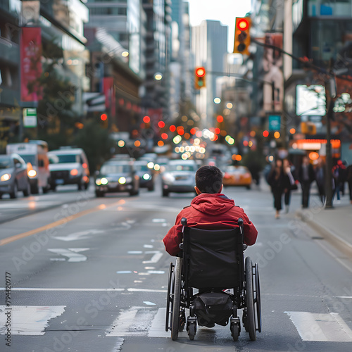 Back view of disabled person in wheelchair with blurry traffic in urban background
