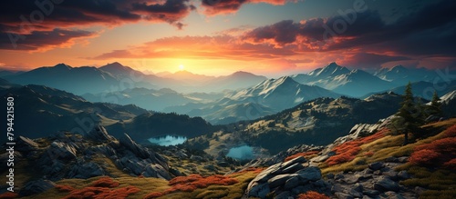 Colorful autumn landscape in the mountains. Sunrise over the lake
