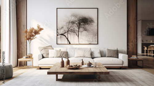 A tastefully decorated living space with a minimalist poster frame adding visual interest.
