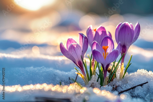closeup of purple crocuses in bright light, sunny, emerging from melting snow in spring. © 3r1k_ai