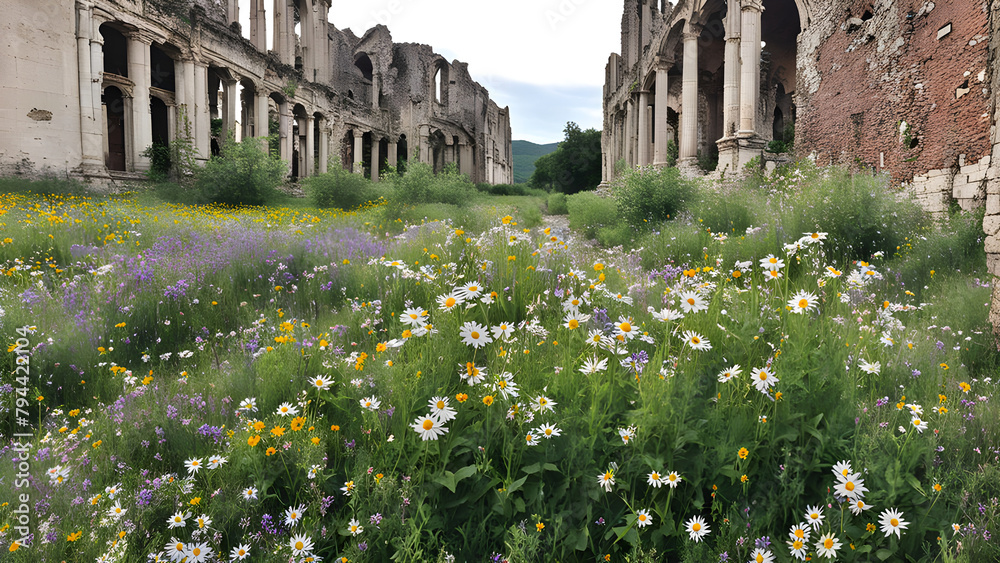 Obraz premium Nature's Reclamation: Wildflowers Blooming in Abandoned Building Ruins