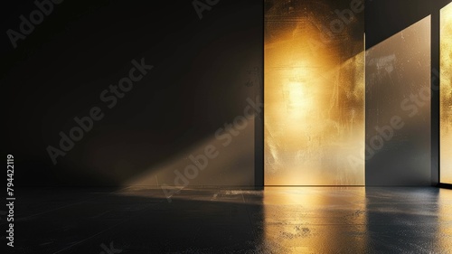 Sunlight streaming through open door onto dark, reflective floor