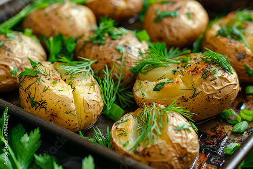 Pan of Baked Potatoes With Herbs photo