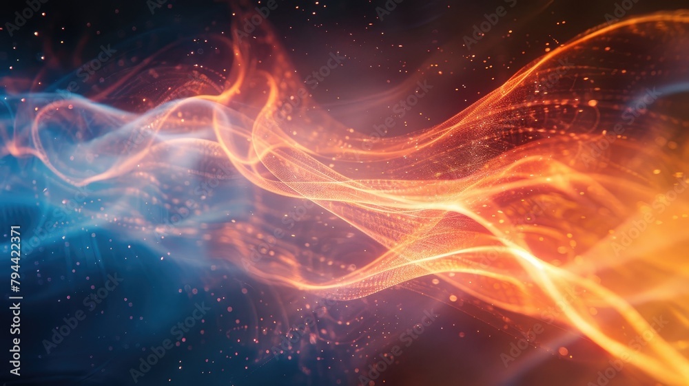 Dynamic abstract background with flowing orange and blue light waves sparkling particles
