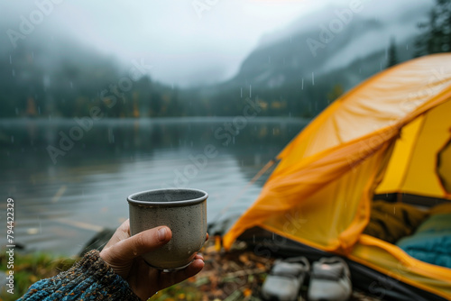 Person Holding Cup in Front of Tent photo