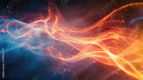 Dynamic abstract background with flowing orange and blue light waves sparkling particles
