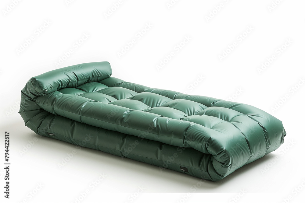 Fototapeta premium Green Sleeping Bag Rolled Up on White Background