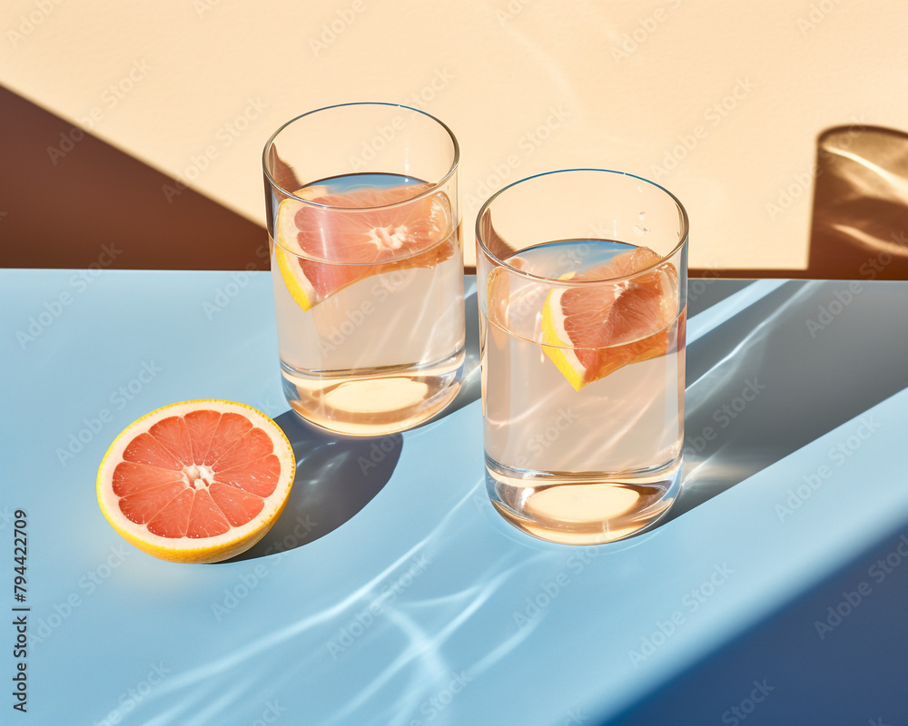 Two glasses of drink with slices of fresh grapefruit against bright beige and blue background сreated with Generative Ai Two glasses of drink with slices of fresh grapefruit against bright beige and blue background сreated with Generative Ai