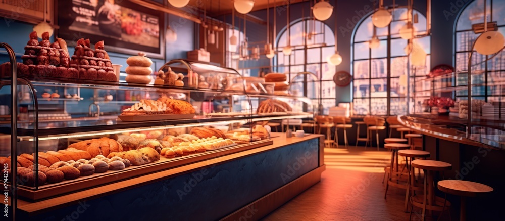 Cafe interior with colorful cakes and pastries,