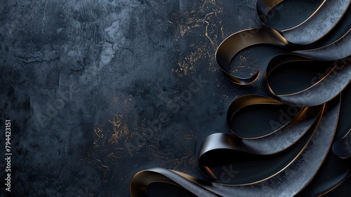 Abstract dark background with elegantly curved shapes and golden highlights photo