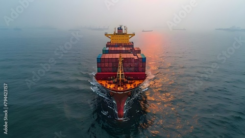 Aerial view of cargo ship at sea carrying containers for export. Concept Shipping, Cargo, Transportation, Logistics, Export