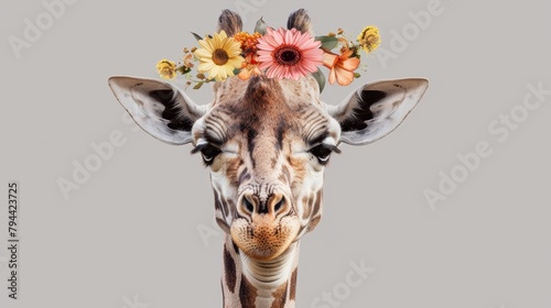  A tight shot of a giraffe's face adorned with a floral crown