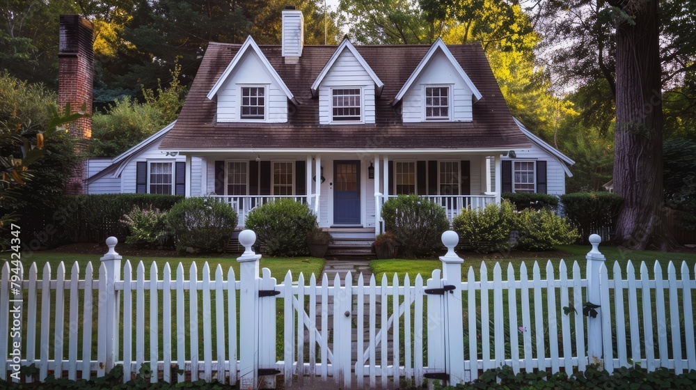 Classic cape cod with a picket fence  AI generated illustration
