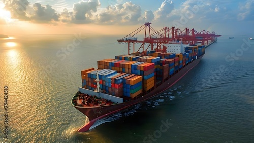 Global shipping logistics: Cargo ship transporting containers at a bustling port. Concept Shipping Routes, Cargo Ships, Port Operations, Container Logistics, Global Trade