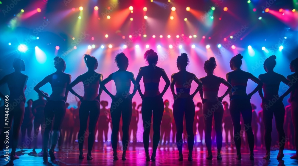 A group of dancers line up in formation backs facing the audience as they prepare to thrill the crowd with synchronized . . A group of dancers line up in formation backs facing the audience as they prepare to thrill the crowd with synchronized . .