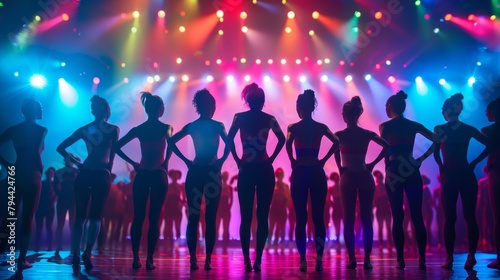 A group of dancers line up in formation backs facing the audience as they prepare to thrill the crowd with synchronized . .